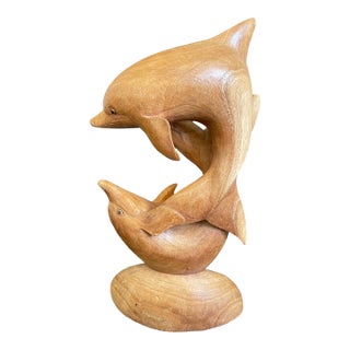 Vintage Wood Carving Duo Dolphin Sculpture For Sale