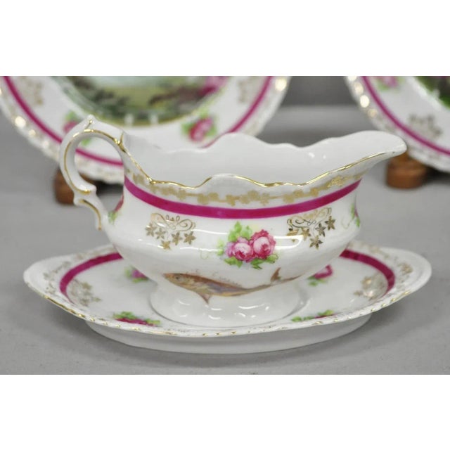 Victorian Early 20th Century (12) Victoria Carlsbad Austria, Porcelain Fish Plates & Gravy Sauce Boat For Sale - Image 3 of 12