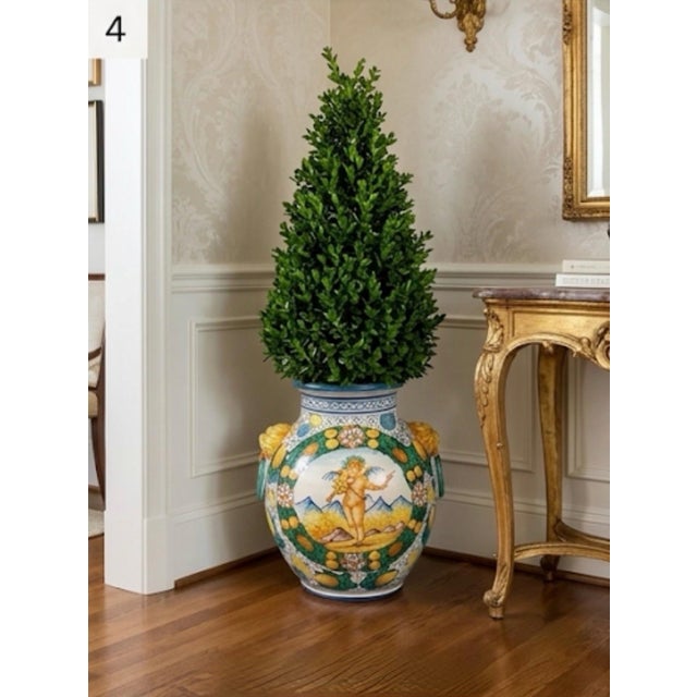 Ceramic Vintage Italian Majolica Style Large Ceramic Urn Vase With Putto and Lion Head Handles For Sale - Image 7 of 11