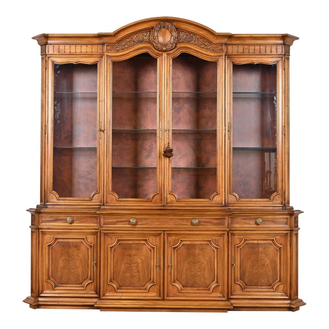 Karges French Regency Louis XVI Burled Walnut Lighted Breakfront Bookcase Cabinet, Circa 1960s For Sale