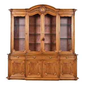 Karges French Regency Louis XVI Burled Walnut Lighted Breakfront Bookcase Cabinet, Circa 1960s