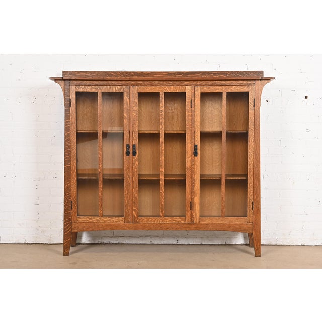 Limbert Style Mission Oak Arts and Crafts Triple Bookcase Cabinet For Sale - Image 10 of 10