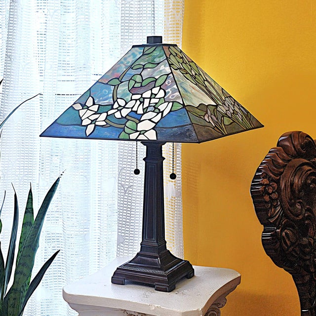 2003 Tiffany-Style Floral Stained Glass Pyramid Table Lamp For Sale - Image 14 of 18