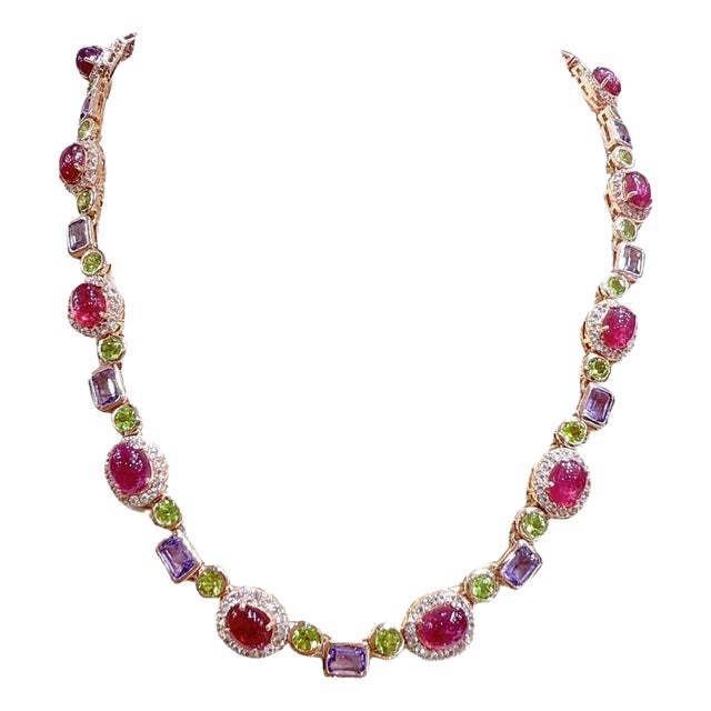 Bochic “Capri” Ruby, Amethyst, Peridot & Topaz Necklace Set 18K Gold & Silver For Sale