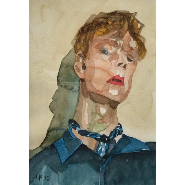 Contemporary Modern Expressionist Portrait Original Watercolor Painting in Vintage Giltwood Frame For Sale - Image 3 of 11