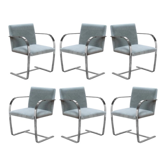 Brno Flat-Bar Chairs in Fog Mohair by Ludwig Mies Van Der Rohe for Knoll - Set of 6 For Sale