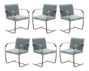 Brno Flat-Bar Chairs in Fog Mohair by Ludwig Mies Van Der Rohe for Knoll - Set of 6