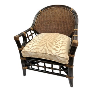 Vintage Rattan and Wicker Club Chair W/Zebra Print Cushion For Sale