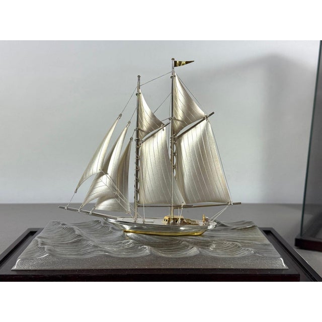 Wood Rare Seki Takehiko Signed 985 Silver Yacht Model Original Box and Case Maritime Art For Sale - Image 7 of 17