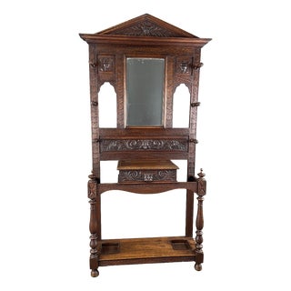 19th Century Neo-Gothic Carved Oak Coat Rack For Sale