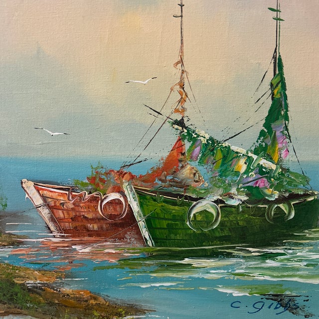 Vintage Oil Painting on Canvas Coastal Scene W/ Boats and House by C. Gibbs Framed For Sale - Image 10 of 12