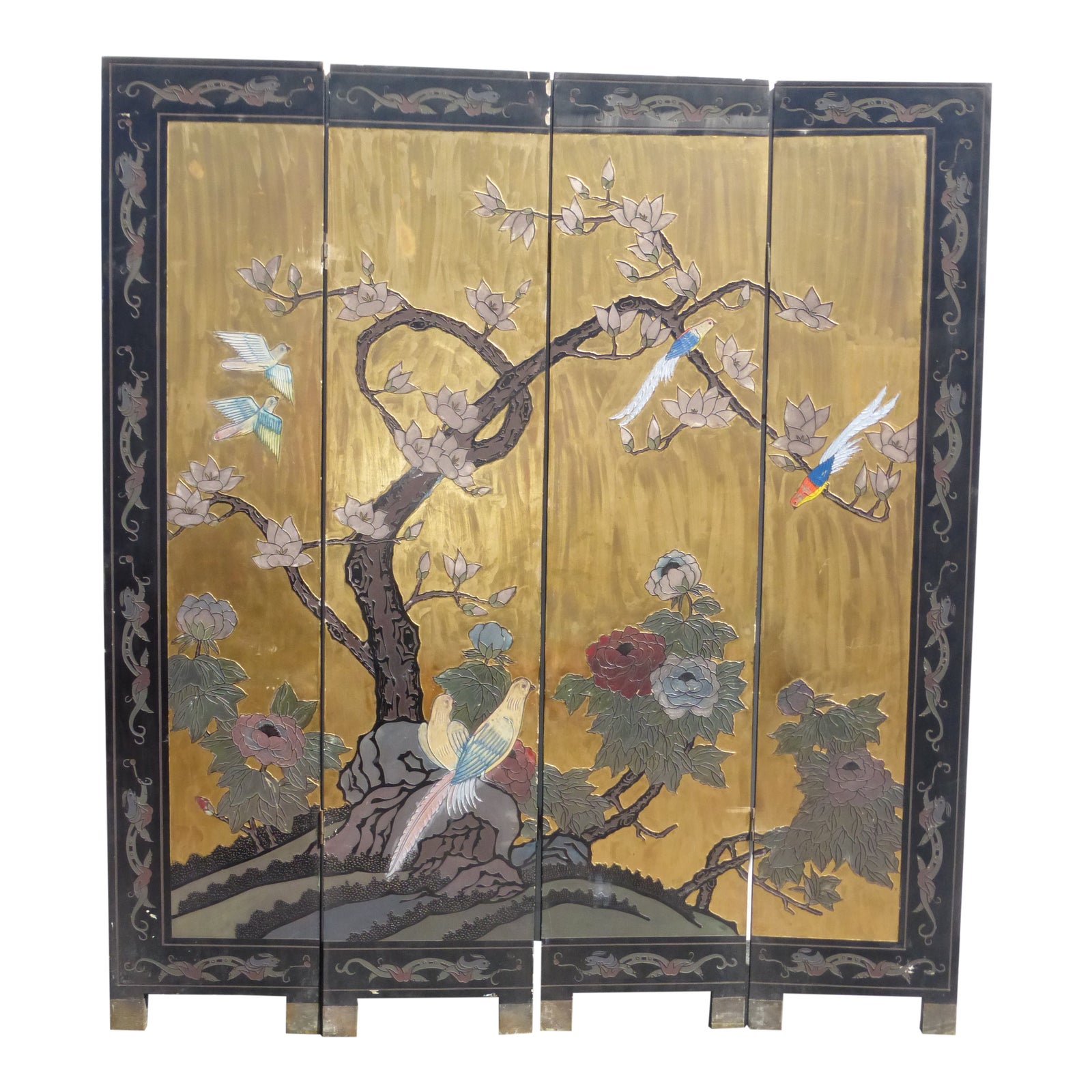 Vintage Asian Four Panel Gold Screen Room Divider With Birds Chairish