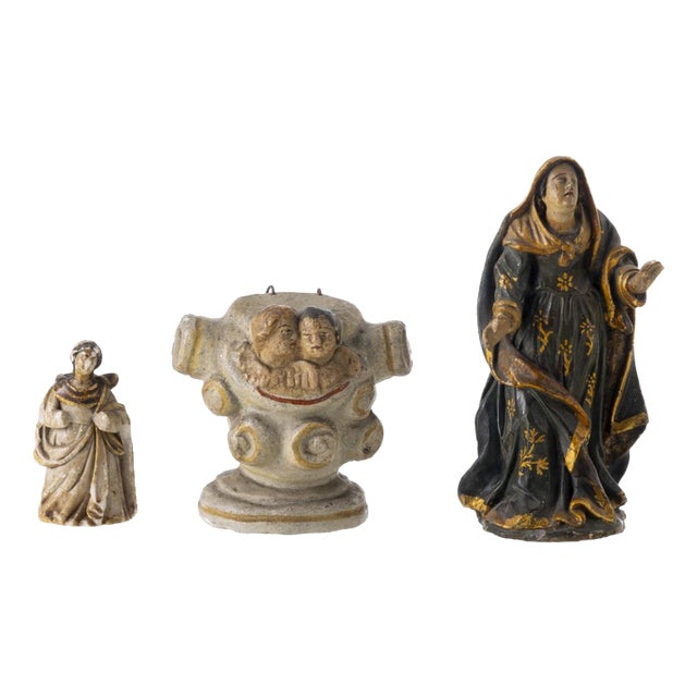 Statues of Our Lady & Pedestal, 19th Century, Set of 3 For Sale