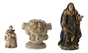 Statues of Our Lady & Pedestal, 19th Century, Set of 3