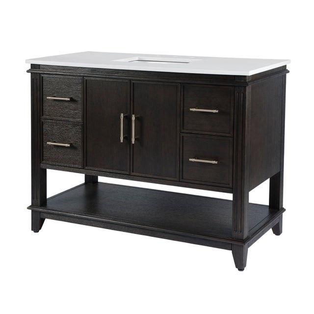 Mid-Century Modern Reece 48 in. W Wood & Quartz Single Sink Bathroom Vanity, Dark Roast Coffee Wire Brushed For Sale - Image 3 of 11