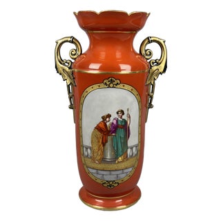 Antique Royal Vienna Ceramic Amphora Vase with Orange and Pure Gold Classic Scene, 1900s For Sale