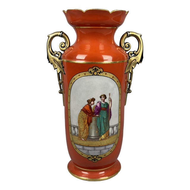 Antique Royal Vienna Ceramic Amphora Vase with Orange and Pure Gold Classic Scene, 1900s For Sale
