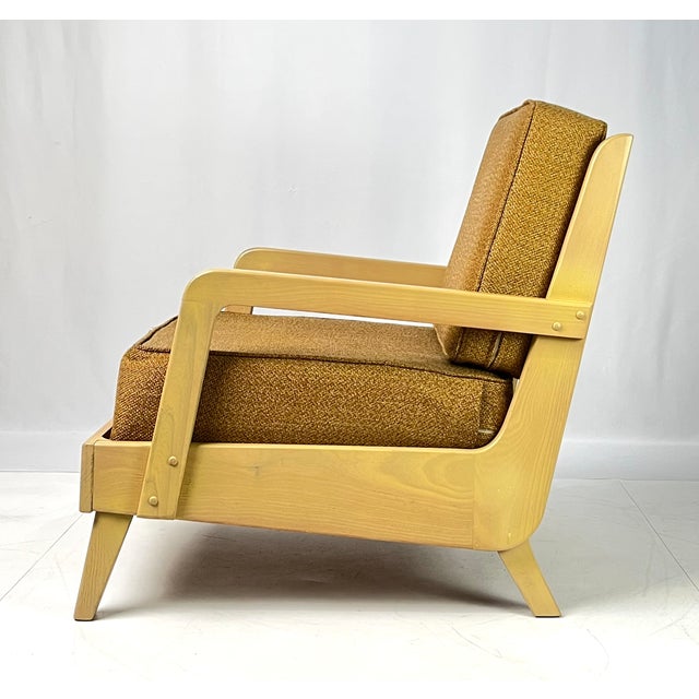 Ficks Reed Mid-Century Modern Ficks Reed Blonde Hardwood Lounge Chair With Ochre Textured Upholstery For Sale - Image 4 of 12