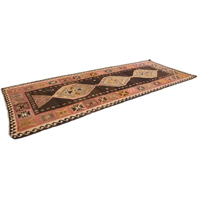1960s Vintage Turkish Kilim Brown Handmade Tribal Wool Runner For Sale - Image 9 of 10