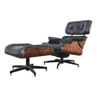 1970s Walnut + Leather Lounge Chair and Ottoman For Sale
