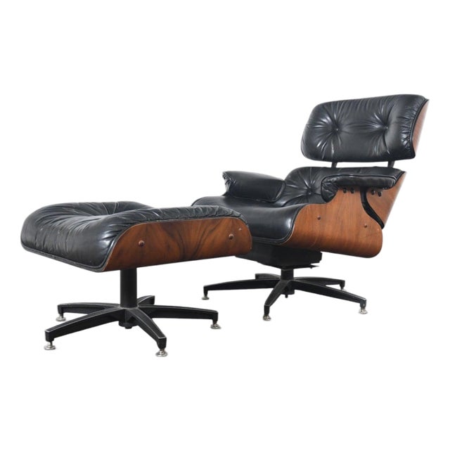 1970s Walnut + Leather Lounge Chair and Ottoman For Sale