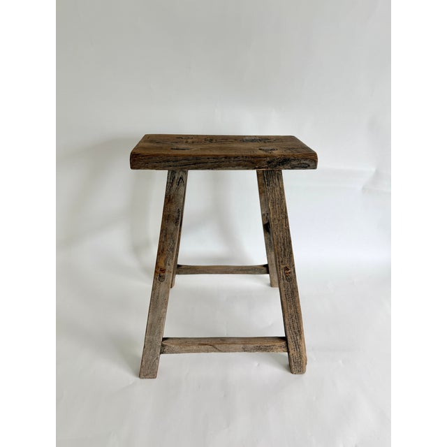 Early 20th Century Rustic Black Farmhouse Elm Stool For Sale - Image 5 of 6