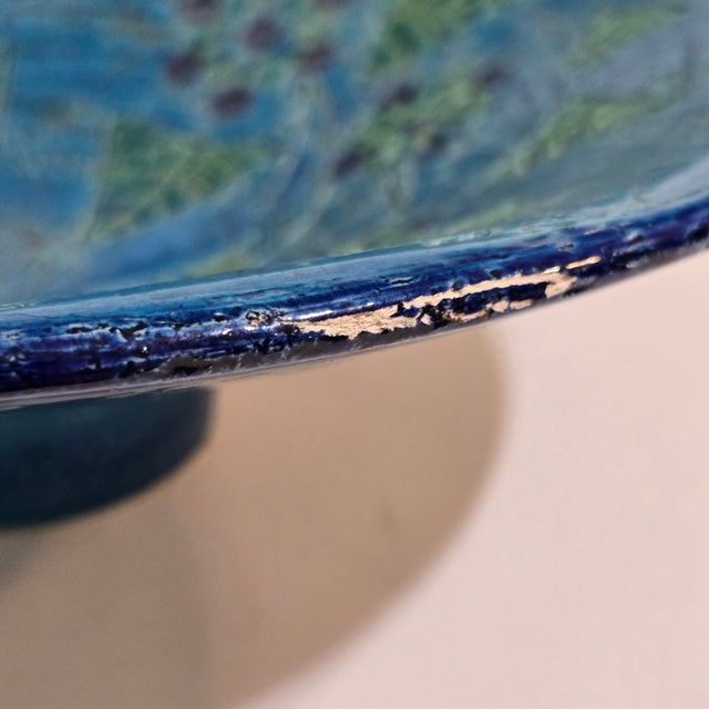 Bitossi Ceramic Pedestal Bowl Blue Rimini Blu 12in Mid Century Italy Pottery MCM For Sale - Image 9 of 11
