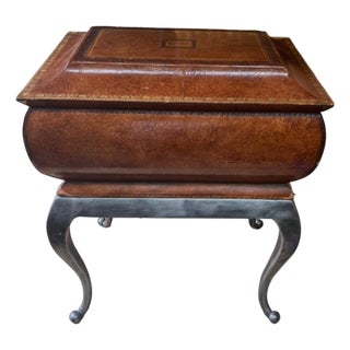 1980s Maitland-Smith Leather Covered Decorative Box on Hand-Forged Iron Stand For Sale