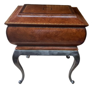 1980s Maitland-Smith Leather Covered Decorative Box on Hand-Forged Iron Stand