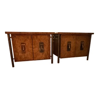 Attributed to Mastercraft Mid-Century. Modern Burl Wood & Brass Nightstands - A Pair For Sale