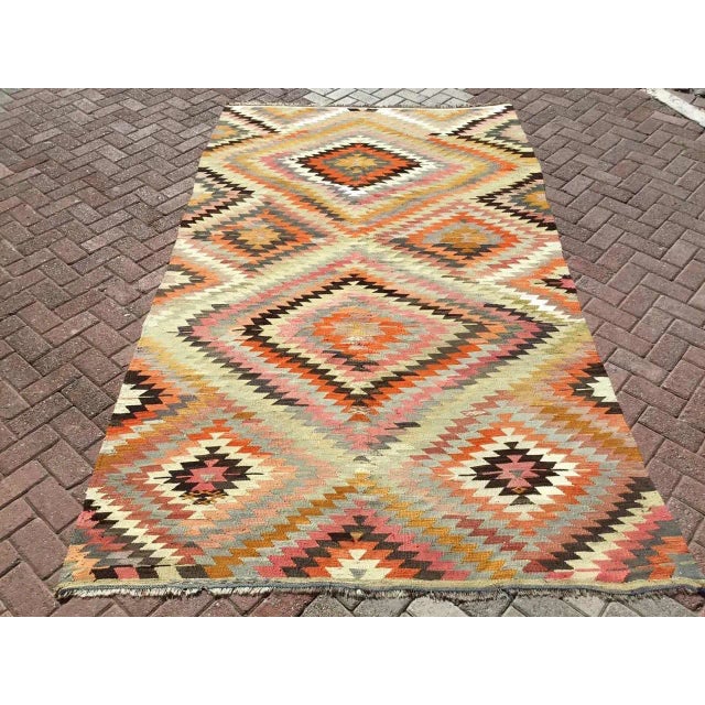 Vintage Diamond Design Turkish Kilim Rug - 68" X 116.5" For Sale - Image 11 of 11
