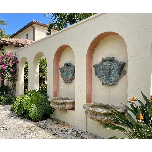 Verdigris Pair of Vintage Neoclassical Cast Bronze Maiden Mask Wall Fountain For Sale - Image 8 of 12