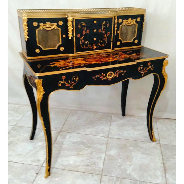 French French Louis XV Style Writing Desk – Black Wood With Gold Leaf, Bronze Details & Multiple Storage Drawers For Sale - Image 3 of 3