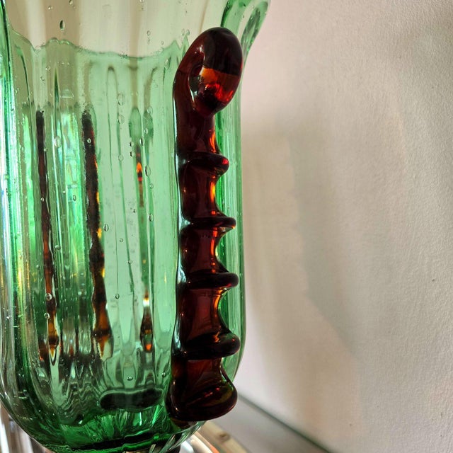 1980s Pair of Green and Golden Brown Murano Glass Vases For Sale - Image 9 of 13