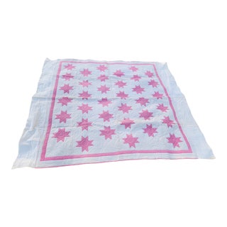 Antique 1930s Patchwork Quilt Queen Saw Star Pink & White Pattern Hand-Stitched Calico Flour Sack Cloth For Sale