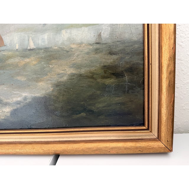 Antique Oil Painting Dutch Marine Seascape Sailing Boats Coastal Scene Unsigned For Sale - Image 10 of 10