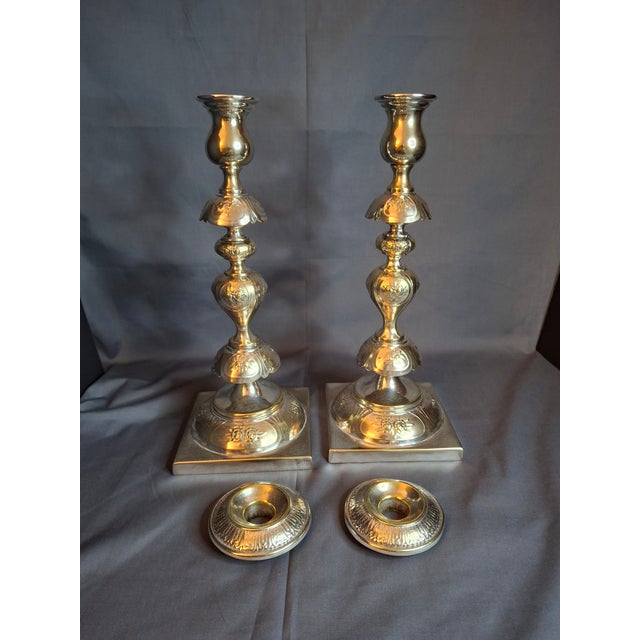 Late 19th Century Antique Fraget Warsaw Shabbat Candlesticks Pair No. 4214 Polish Silver Plate 11" For Sale - Image 5 of 18