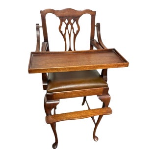 ‘Downton Abbey’ Style Chippendale Solid Mahogany and Leather Baby High Chair Made by Madison Square Furniture For Sale