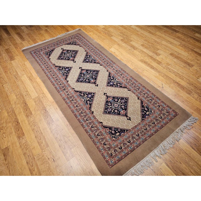 Vintage Malayer Gallery Rug, Hand-Knotted Wool, Geometric Pattern, 5x10, Camehair & Navy For Sale - Image 13 of 13