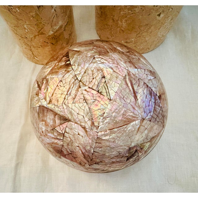 Post Modern Set of 3 Peach/Pink Tessellated Stone- Dome Lid Boxes For Sale - Image 9 of 10