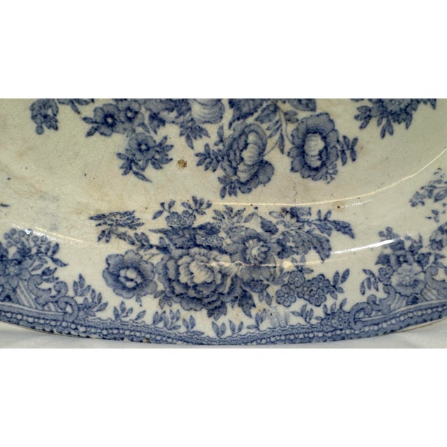 Ceramic Antique 19th Century Light Blue Asiatic Pheasants Transfer-Ware Serving Platter From England - Circa 1880 For Sale - Image 7 of 12