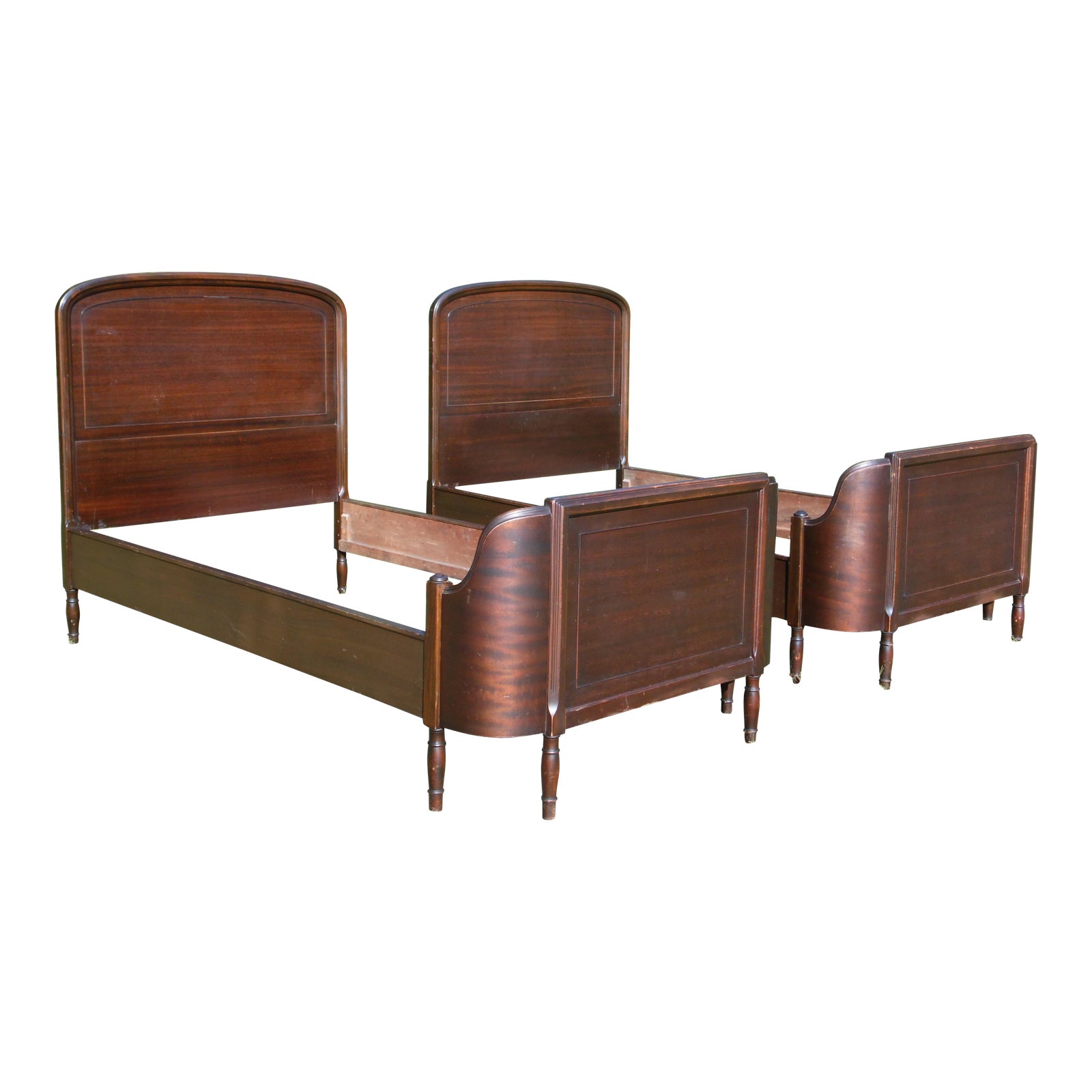 Antique Pair Art Deco Mahogany Twin Curved Beds Vintage Bedroom Set