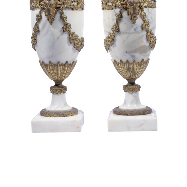 Late 19th Century Pair of French Antique White Marble Ormolu Mounted Cassolettes For Sale In Los Angeles - Image 6 of 6