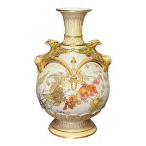 Antique Royal Worcester Porcelain 1892 Mythic Gryphon Gilt Handled Vase With Fall / Autumn Foliage #1570 Aesthetic Movement