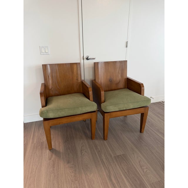 Set of six custom Mimi London designer dining chairs. Substantial solid wood construction with clean, architectural lines...