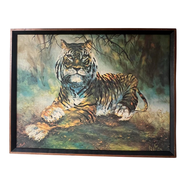 Vintage Mid Century Modern 1960s Tiger Oil Painting Framed Cat John De Kay Signed Canvas For Sale
