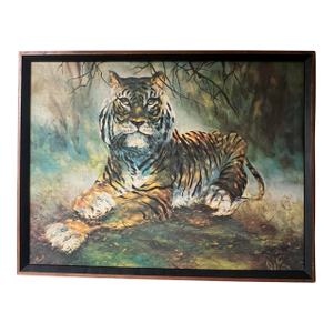 Vintage Mid Century Modern 1960s Tiger Oil Painting Framed Cat John De Kay Signed Canvas