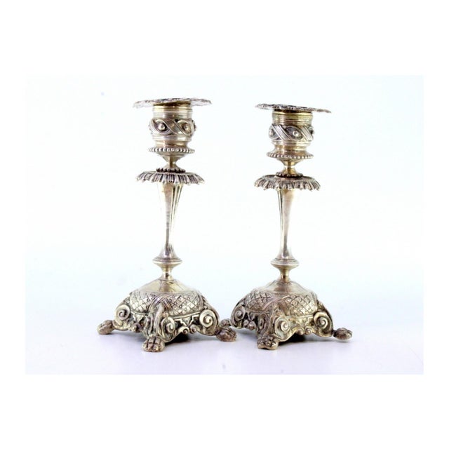 Low Candlesticks in Silver with Applications and Engravings, Set of 2 For Sale - Image 3 of 9