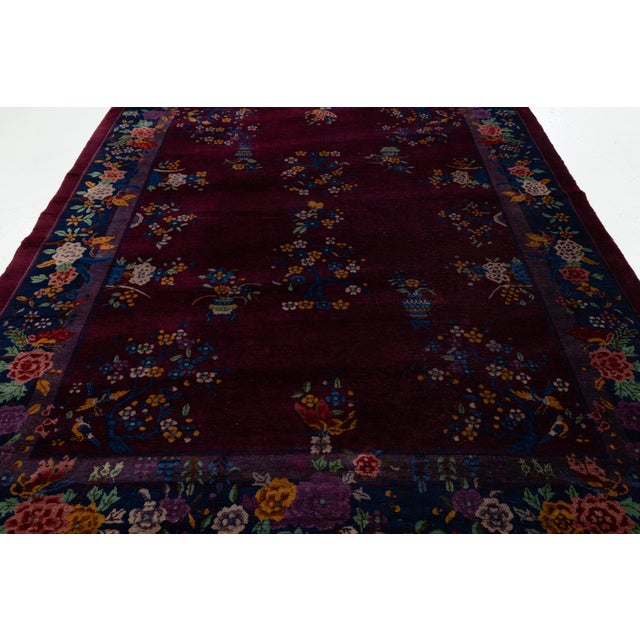 1920s Antique Chinese Art Deco Plum Wool Rug With Floral Vases & Navy Border For Sale - Image 9 of 12