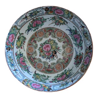 Large Antique Chinese Rose Medallion Porcelain Bowl With Flowers and Butterflies For Sale